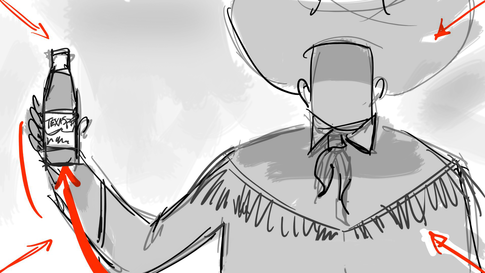 Texas Pete storyboard frame showing a cowboy holding a bottle, with red camera-direction arrows