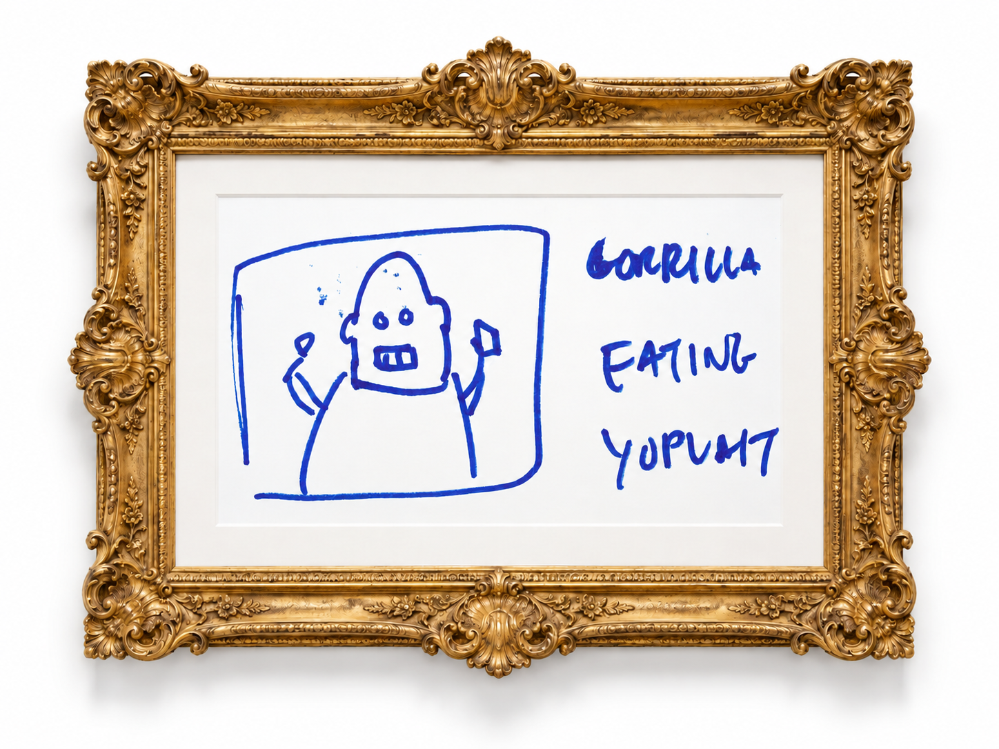 Funny art director drawing of a gorilla eating yogurt