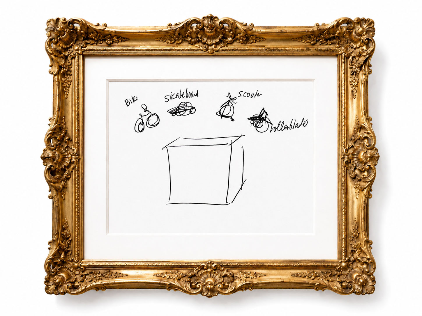 Ornately framed office sketch labeled Bike, skateboard, scooter and rollerblades around a box