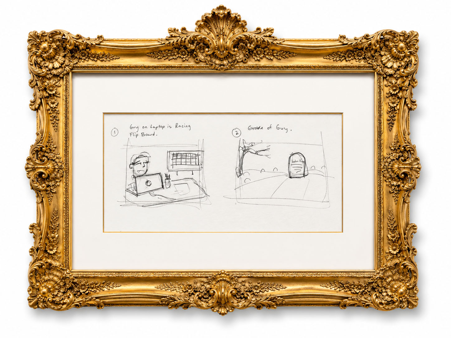 Ornately framed pencil drawing showing a man racing a flip board and the grave of a man