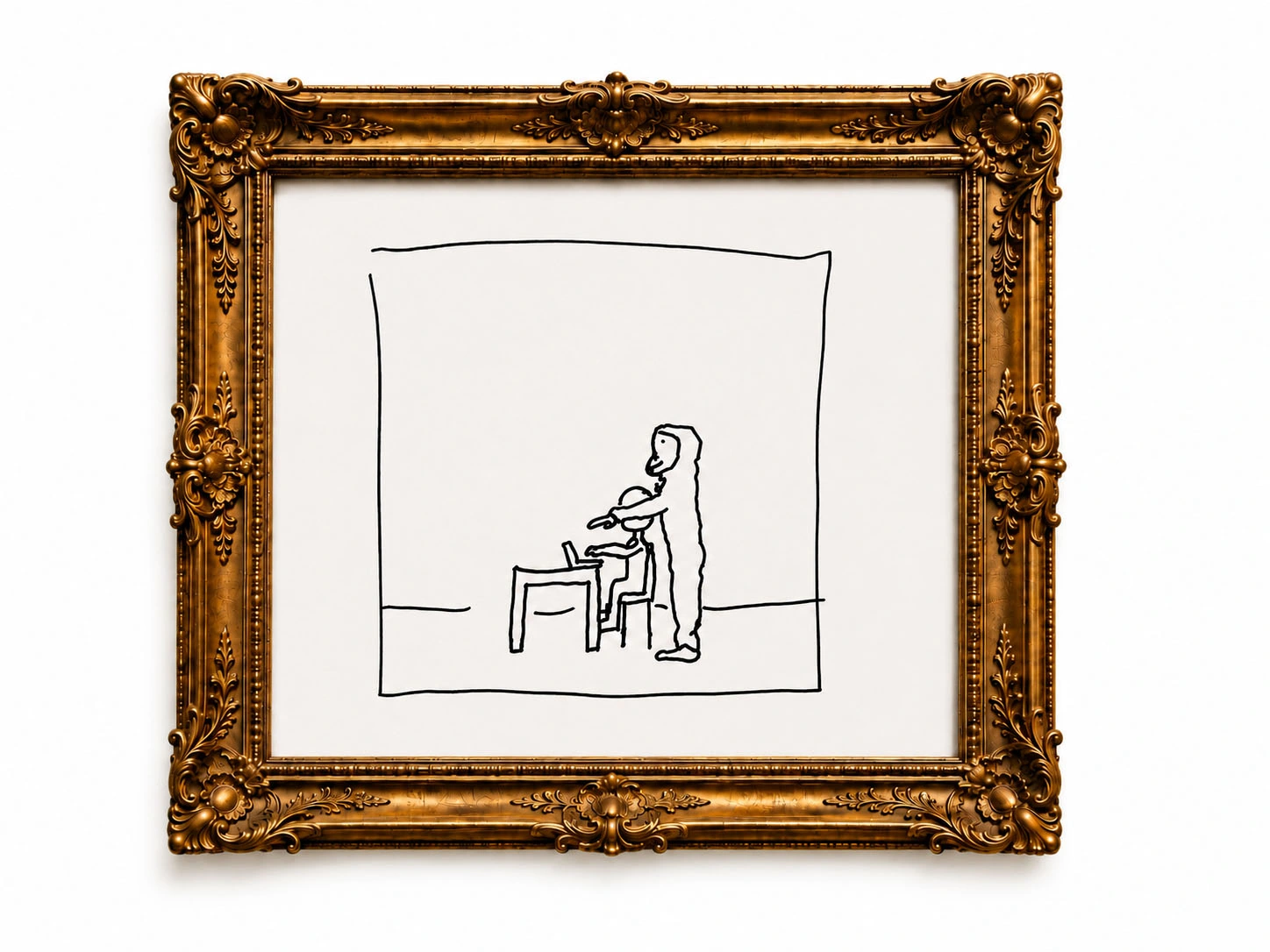 Ornately framed art director drawing of a man in a gorilla suit interfering with another man's computer