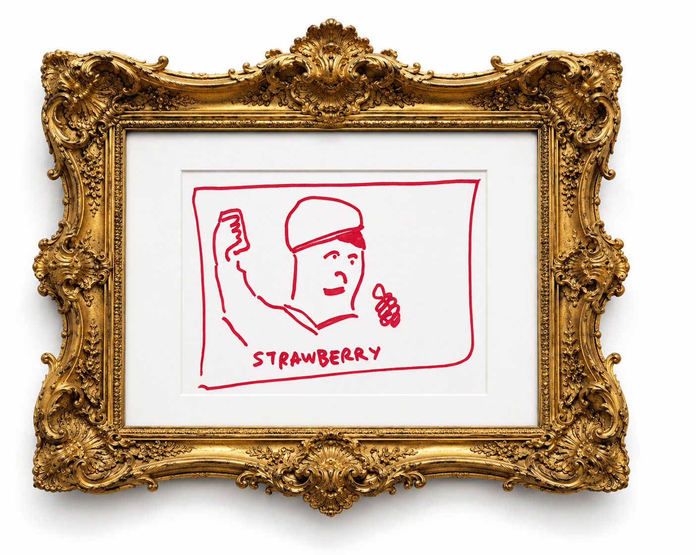 Ornately framed red marker drawing labeled Strawberry