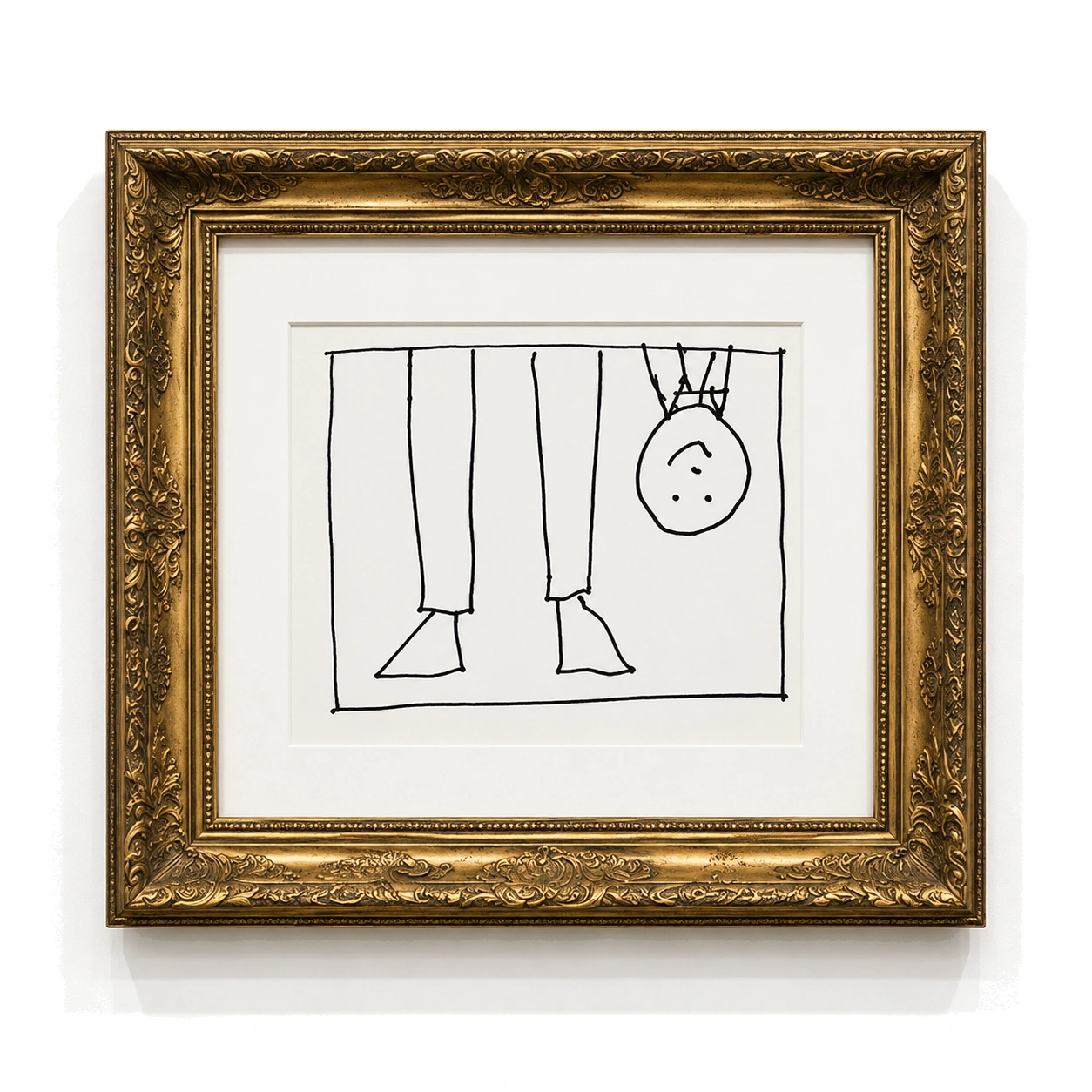 Dark antique framed drawing of legs with an upside-down head