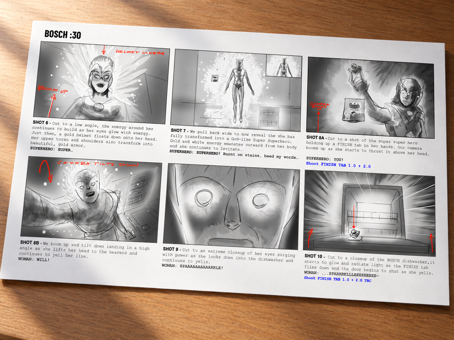 Final Bosch storyboard boards presented on a desk