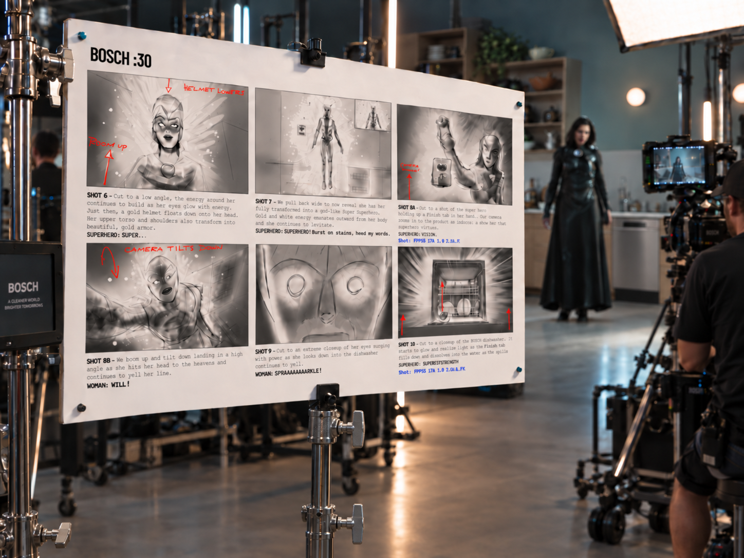 Bosch storyboard boards displayed on set during the commercial shoot